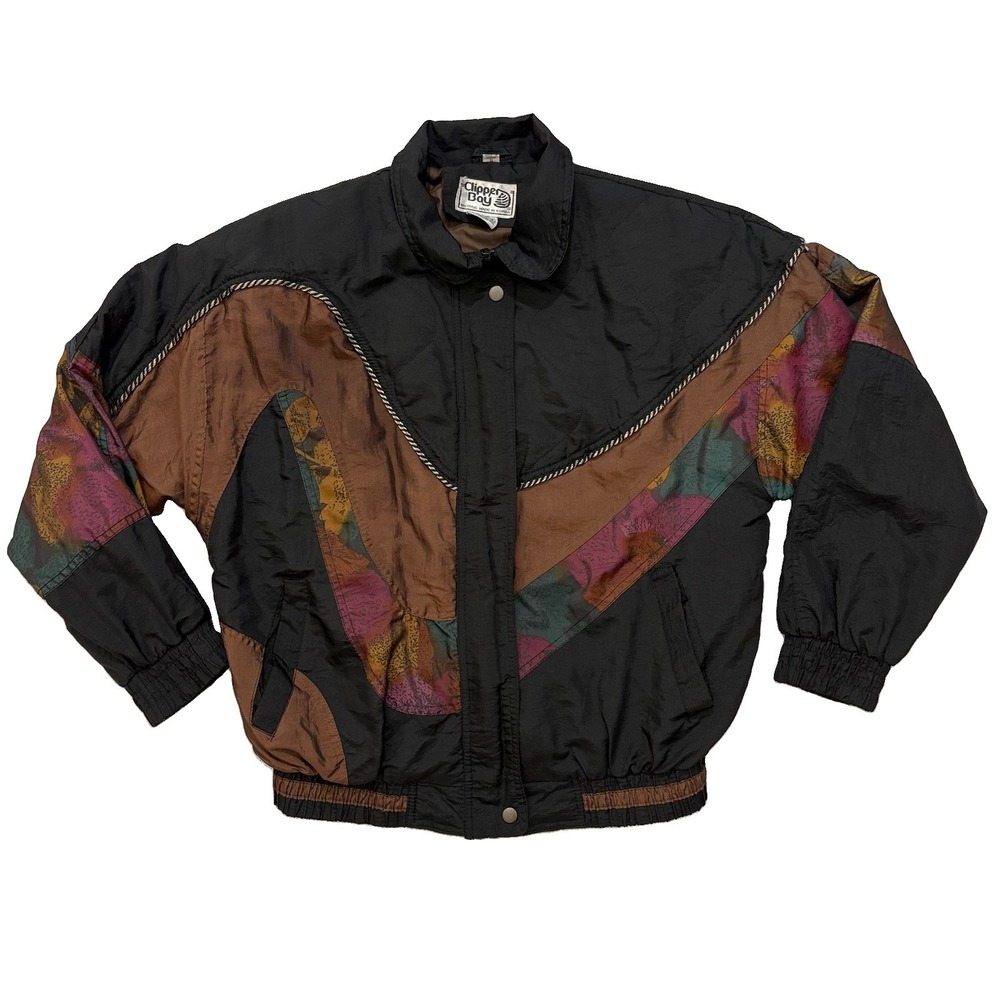 Vintage Clipper Bay 80s Retro Abstract Windbreaker Jacket Womens Small Black